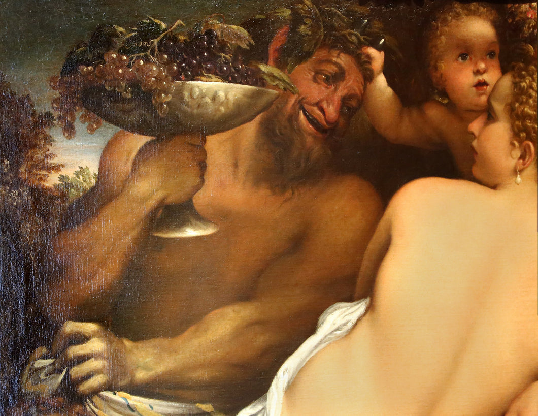 Goddess Venus, wearing little more than a white linen sheet and gorgeous pearl earrings, turns the smooth expanse of her naked back to the viewer as she coolly contemplates a satyr offering her a silver chalice of ripe purple grapes with a grin that means he's offering a lot more than grapes. 