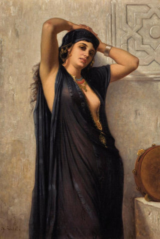 A dark haired woman, loosely wearing a shear-fabric gown.

Her arms are upraised, her hands resting upon the crown of her head as she regards the viewer, the bare skin her breast just barely covered.

Her expression is unreadable; do we illicit her ire, or her interest?