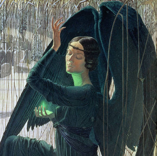 A cemetery scene in winter. A brown haired woman with raven feathered wings holds a green shard of light suspended in her palm.

She gazes down at this wonder with a stern, yet loving expression on her face, like a mother calling for her children to come home.