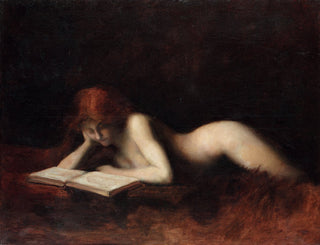 A curvaceous red haired woman reclines on a fur rug engrossed in reading a book. Her luminescent bare skin is blanketed by soft darkness. She bites her lip as she gazes down at the written words before her. What secrets hide in this Book of Night?