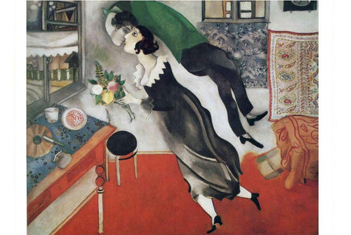 A dark haired and abstract representation of a woman holding a bouquet of flowers. 

A strange man seems to hover above her, neck elongated and bent to kiss the woman in the classic style of Marc Chagall.