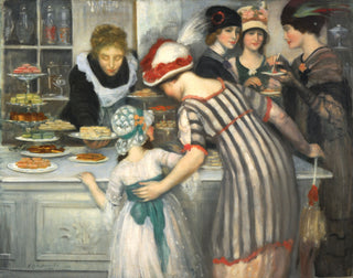 A French patisserie. A group of well appointed women smile in the background a they sample the bakers sweet offerings.

A mother shows her daughter the joys of a casual indulgence, and the young girl marvels at macaroons of every color, lemon squares, and pastries of all shapes and sizes.