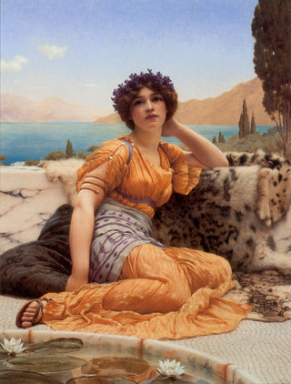 A lone woman sits on a beach, a crown of woven violets adorning her head. 

She wears a saffron gown and leans seductively on a tiger-skin rug.