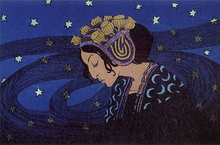 A dark haired woman with a roman nose hangs her head. She is shrouded in black strands of night that curl about her.

She wears a robe stylized with crescent moons, and five-pointed stars hang in the blue behind her.