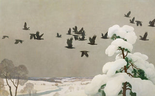 Dozens of black birds fly over a serene winter valley.

Snow clings thickly to a tall pine tree, green needles visible underneath.

A frozen river snakes through the hills below, vanishing into the horizon.