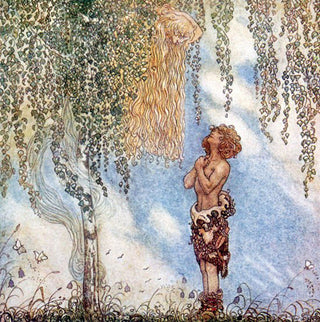 A wild and curly haired man stands shirtless, gazing up into a tree.

Above him a spectral woman looks down at him, her blond hair dangling in thick sheets.