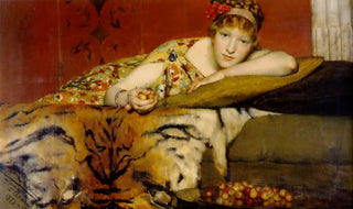 A red haired woman wearing her hair in the style of a 50's era debutant.

She pierces us with her light blue eyes, her right hand holding red and white cherries forward, almost in offering.

She lays seductively upon a lounge chair, the skin of a great tiger hangs loosely off the side of her seat.