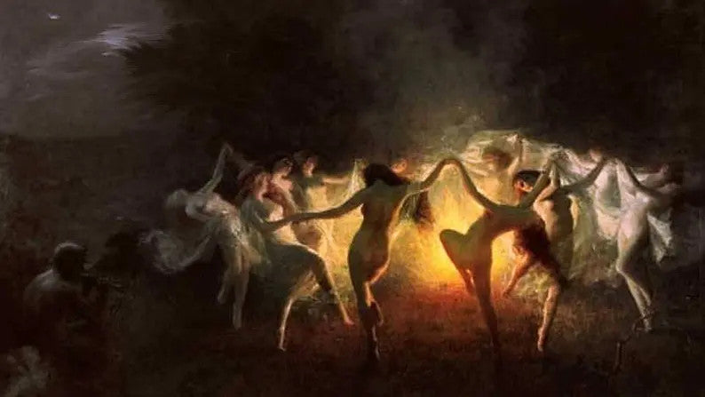 Dozens of pale skinned women dancing nude around a bonfire.

A dark figure sits in the foreground shrouded in night, playing a flute that guides their hedonistic delights.