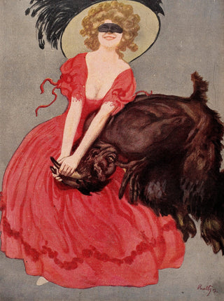 A woman in a scarlet dress wearing a black feathered hat and black masquerade mask that frame her curly blonde hair laughs as she holds the horns of a lusty satyr and brings him, struggling, to his goat-knees.