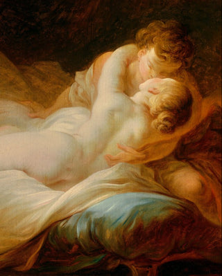 A couple lay together on a plushly pillowed four poster bed made up with fine linens embracing passionately while in a state of disrobing.