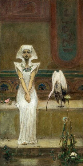 A woman adorned in Egyptian attire, hands clasped as she regards the viewer. 

She sits upon a stone bench, hieroglyphics blurred behind her on the wall. 

To her left stands a crane., and the bird seems to be regarding the woman's reflection within a pond that sits before them.