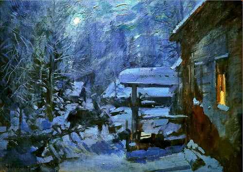 A full moon shines through the trees on a cold snowy winter night in a pine forest. The blueish moonlight illuminates snow on the ground, tree branches, and pine boughs. A snow covered cabin sits in the wooded clearing. In contrast to the outdoor ice and cold, a cozy golden light glows through the window promising warmth and respite within.