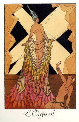 A woman wearing naught but an ornate headress in the style of a 1920's era showgirl stands at the top of a staircase.

A feathered cape slides down her arms revealing her nudity, as a scantily clad man reaches up almost desperately from her feet.

Does she perform for this man, or does he perform for her?