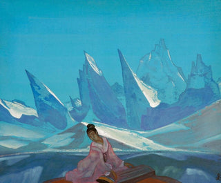 A woman sits before a vast frigid landscape, peaks of glacial ice rising like mountains in the distance.

Her hair is worn in a high bun, and she wears a pink kimono, vibrant against the blue hues of the ice behind.

She plays the guzheng with a masterful caress, but does she sing about the joys of spring, or the sorrows of winter?