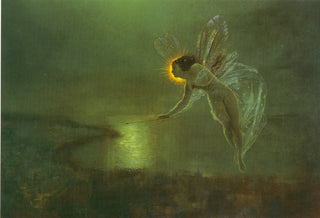 One of the fairy folk of lore flies on gossamer dragonfly wings over a coastal bay in the late evening.

She is clothed only in a thin veil of starlight, and brandishes a wand with mysterious intention.

A corona of golden light behind her impassive face cuts through the green-hued dusk.