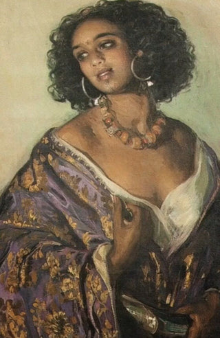 A dark and curly haired woman with large hooped earrings.

She looks to her right, her hand gently pulling a gown of purple and gold down from her shoulders, and her expression is one of desire.