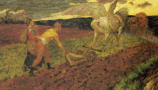 A man guides a plow through a virile field, while a woman scatters seeds in his wake.

The plow is pulled by a great winged horse, and it's muscles tense as the it rends the earth asunder, leaving it open to the gifts of life the woman offers.