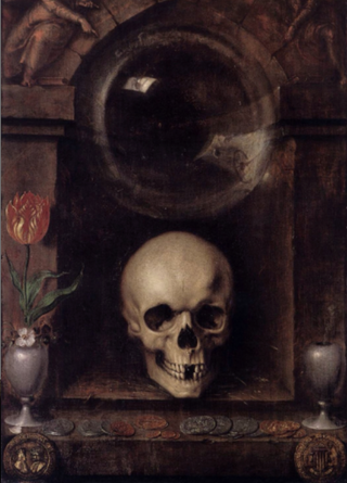 A human skull sits alone in the hollow of a mantle. The ledge below is scattered with copper and silver coins.