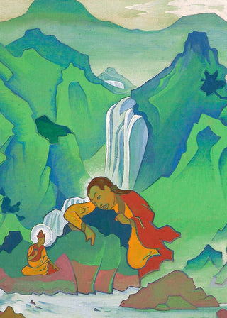 In the midst of vivid green forested mountains, a sage meditates at the foot of a mountain waterfall. As he meditates, the Buddha peacefully watches over him from behind a rock.