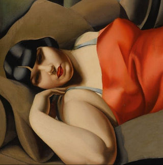 A voluptuously full figured 1920s flapper with bobbed black hair wearing a short strappy scarlet slip and matching red lipstick rests supine on a plush brown loveseat. Her shadowed gaze holds mystery and promise for those who are worthy.