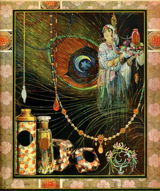 A colorful advert for colognes and perfumes.

A young woman adorned in the garb of the Roma people stands superimposed over a peacock feather.

Bottles and packages of fine perfumes and fragrances draw the eye, and make one wonder "What olfactory delights await?"

