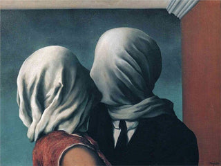 Two lovers kiss. Their faces are anonymous - each wrapped in white cloth, yet they kiss with intense passion.