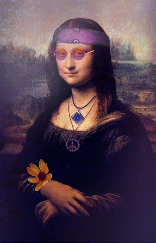 A fun twist on a mysterious work of art, the Mona Lisa.

She watches you with her knowing smile, behind round rimmed and colorful sunglasses. 

She wears a paisley printed bandana, a bedazzled CND Peace Sign pendant.