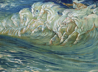 In the midst of a huge ocean wave, a stampeding herd of pure white wild horses made from the white foam crest of the wave, Poseidon brandishes a trident and goads the wave onward.