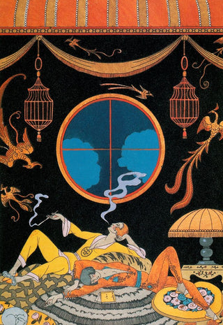 A svelte and androgynous pair, lounging amidst fine cushions and rugs.

One of the pair stretches, a book carelessly discarded by their side, while the other exhales a fine plume of smoke into the air above.

Illustrations of a phoenix in flight stand out gold against the stark black walls of this room, and perfectly circular window shows a blue-hued sky at dawn.