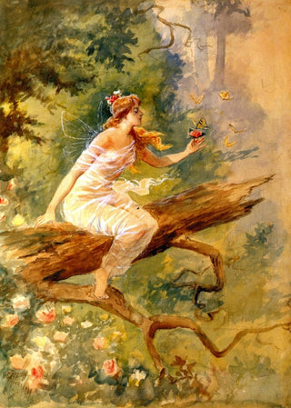 A red haired woman with gossamer wings sits atop a thick tree branch in the midst of a rich green forest.

Butterflies flutter about her outstretched hand.