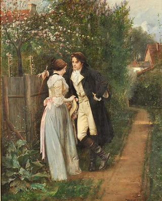 A well dressed victorian woman looks demurely away from a handsome figure who hardly seems like a gentleman.

They stand together on a dirt path that leads from a fenced garden, a symbolic tableau that evokes a maiden's chastity, crumbling in the face of her rakish suitor.