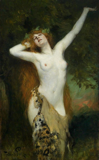 A woman with flowing strawberry-blond hair stretching upwards to fondle the canopy above, while the other vanishes into the red trusses of her wavy hair.

She is clothed only in a belt that loosely holds the fur of great beasts to obscure her loins.

What sacred revelry is known to her, this priestess of Bacchus? 