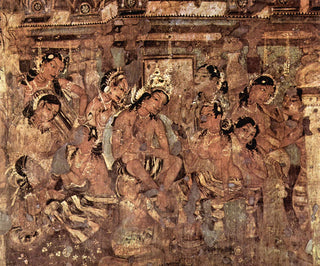 This dry fresco is worn from the passage of time, but depicts a well appointed man surrounded on all sides by dark haired and shirtless women adorned in the finest of jewelry.

The man raises a single eyebrow at a woman who kneels before him and offers her hand, as others vye for his attention.

What thoughts cross his mind? What thoughts crossed the mind of the painter, many years ago?

