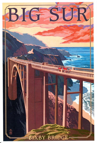 The Big Sur mountain range of Central California, and the Bixby Bridge.

The parallel lines that make up the bridges support beams stands in stark contrast to the natural views of mountain and sea.

Red-hued clouds hang in the evening sky, as dusk descends on the West Coast.