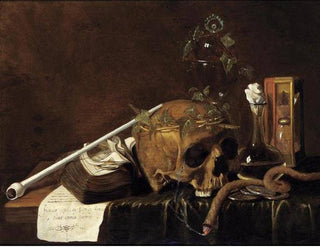 A skull sits with a woven crown of branches next to a stopped decanter of wine and an hourglass.

The crumpled pages of an unreadable tome furl wildly in the darkness beside these objects.