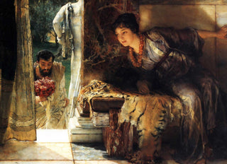 A woman sits just inside a majestic Grecian estate, marbled floors and walls a testify to its opulence.

She leans towards a hanging curtain that serves as a door, as a man adorned in a fine toga carries a bouquet of pink and red flowers up to the threshold.

She hears his steps approaching, her eyes alight with anticipation; what amorous entwines await?