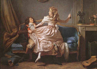 A well dressed young woman of the Regency era succumbs to her passions and climbs onto the lap of a frock coated gentleman who, as he grips her skirts, seems all too happy to oblige. 