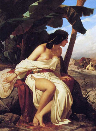 A woman sitting up under the sheltering fronds of oasis palm.

She looks to her left towards a bearded man leading a camel, and it is clear she has been awaiting him.

Her robes have slipped from her sudden change in position, and rest draped seductively under her chest.