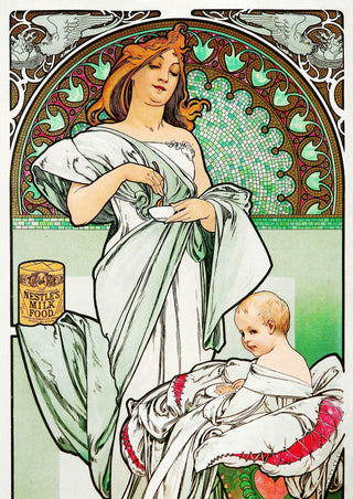 A red-haired woman stirs a teacup while gazing downwards. She wears only a white toga, and stands before a tile mosaic of green and white.