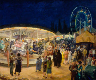 A well lit carnival in the evening hours. 

Hundreds of figures move about the space: men, women, and children take in the sights, smells, and sounds.

A carousel turns, horses of all colors spinning wildly, and the lights of a ferris wheel shine vividly in the background.