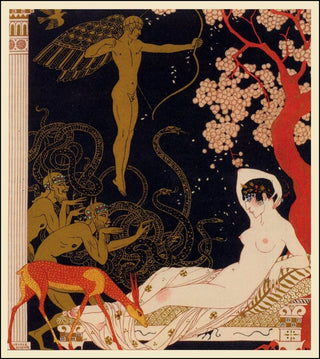 Adark haired woman, reclining beneath the spreading branches of a cherry tree.

A red fawn sniffs cautiously as it approaches, while in the background twining snakes and mischievous sprites approach.