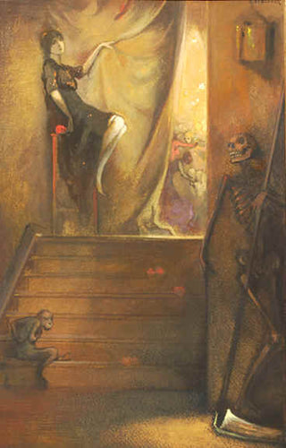 A dark haired woman lounges comfortably against the wall at the top of a short stair. Her hand gently pulls a sheet to reveal a doorway through which revelry is visible. 

At the bottom of the stair, the personification of death hides behind a corner, waiting for his chance.

Does he wish to join the fun, or does he have a more somber goal?