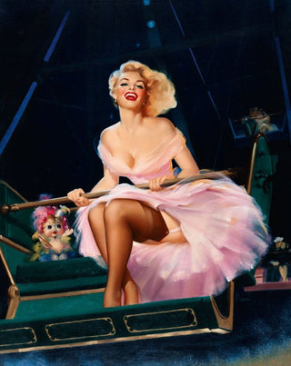 A blond woman in a plunging strapless dress, smiling as she rides an antique Ferris wheel. 

Her long legs are covered in sheer tights, and her garters are tastefully visible to us.