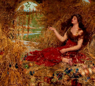 A dark haired woman sits in a thatched shelter of gold and brown, adorned in red silk and animal furs.

Her eyes are closed in concentration, and apples of every shape, size, and color lay strewn about her.

What thoughts does this wondrous herald of Autumn consider as she sits in her reverie?