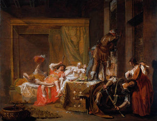 A bawdy scene unfolds within a well-lit brothel, as inebriated soldiers recline on chairs with ladies of the evening.

A woman strums a lute while a man dances on a nearby table, and a bare chested and flaxen haired woman begins to drag a languishing man to join in the debauchery.