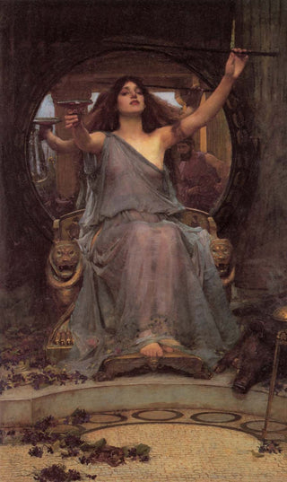 The goddess Circe sits on a throne, thin fabric failing to obscure her body. She offers a chalice of wine to Ulysses and his men.

A boar lays at her feet, an ominous portent to those who know this tale.